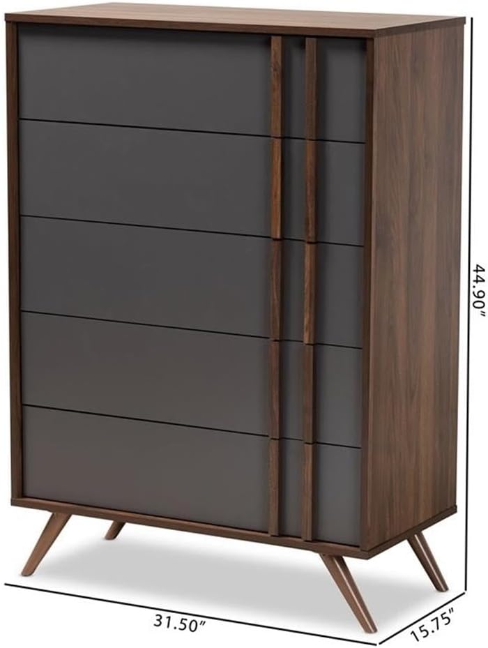 BOWERY HILL Modern 5-Drawer Engineered Wood Bedroom Chest, Gray and Walnut Brown Finish, 44.6" H x 31.5" W x 15.7" D, Sleek Vertical Handles, Splayed Legs, Contemporary Storage for Clothes and Linens
