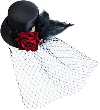 Beaupretty 1920s Fascinator Hat, Mini Tea Party Hats for Women, Black Satin Mini Top Hat Hair Clip with Feather and Mesh Veil, Headwear for Wedding Cosplay Halloween