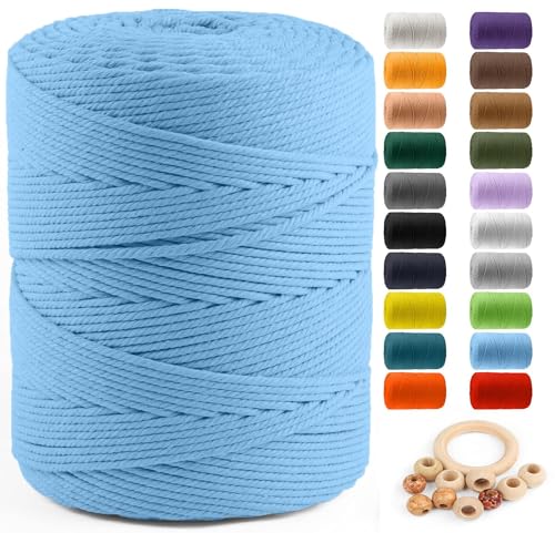 Image of ZUEXT Macrame Cord, Light Blue, 4mm x 547yds Cotton String Macrame Yarn | Natural Handmade, 4 Strands Twisted Cotton Rope, for Craft Wall Hanging Weaving Tapestry Dream Catchers Hanger DIY Gift, 500m