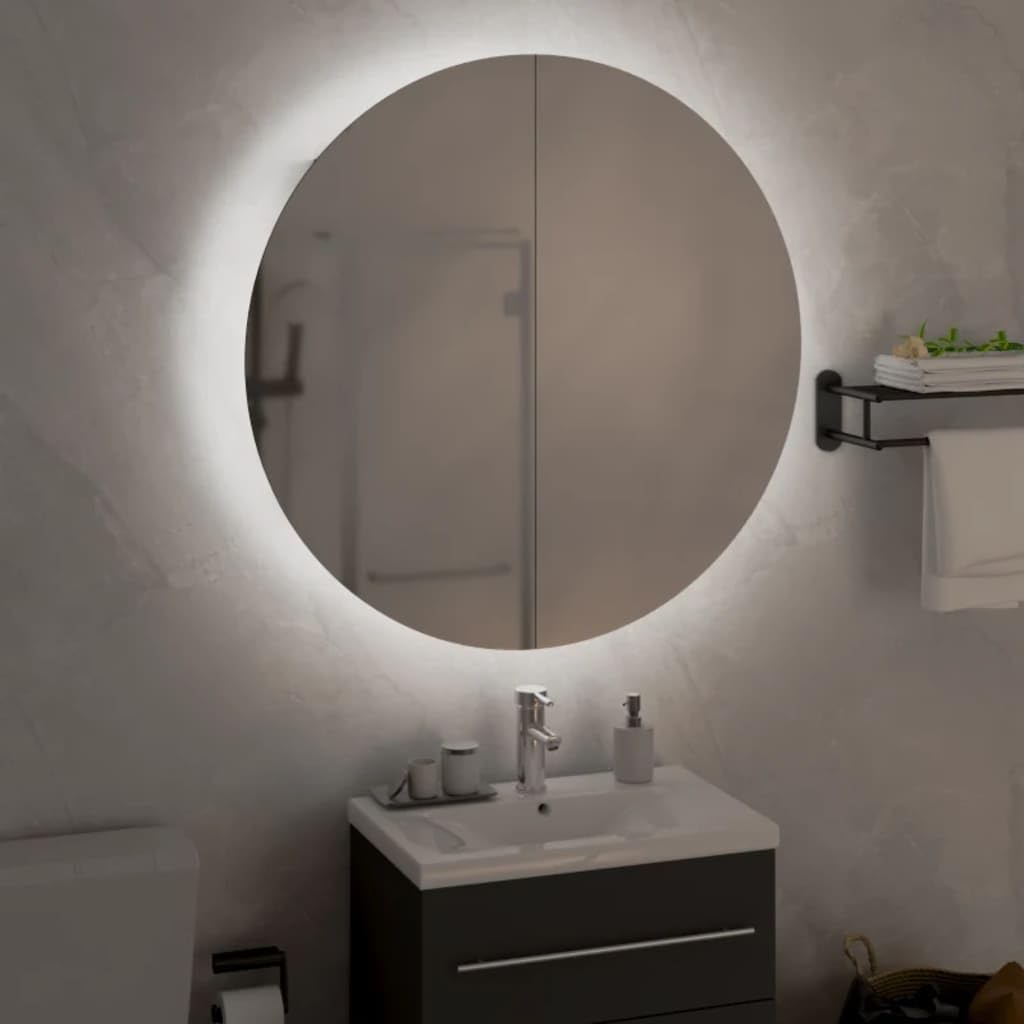 Wall-Mounted Bathroom Cabinet with Round Mirror and Built-in LED Lights, Grey Engineered Wood, Glass, and PVC Storage Cabinet with Two Adjustable Shelves and Copper Finish,