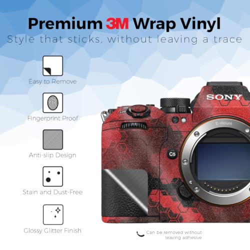 Image of Glossy Glitter Camera Skin Compatible with Sony Alpha 9 III (2024) - Red Hexa Camo - Premium 3M Vinyl Protective Wrap Decal Cover - Easy to Apply | Crafted in the USA by MightySkins