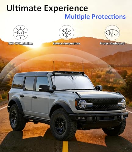 Image of Windshield Sun Shade Custom Fit for Ford Bronco 2021-2026 | Custom Fit Car Front Window Sun Visor & Heat Shield, 420D Sunshade Protection Blocks UV Rays Keep Your Car Cooler