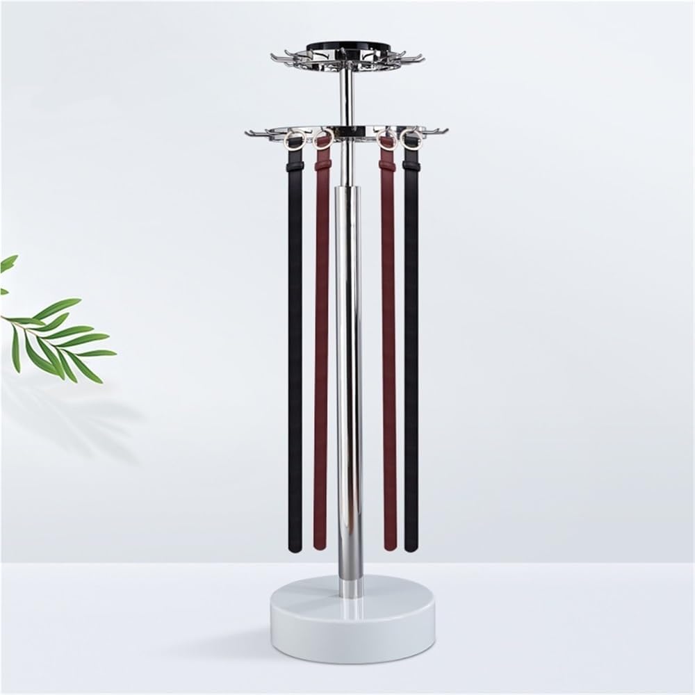 Stainless Steel Belt Retail Rack with Hooks, Floor Standing Rotating Ties Display Stand, Modern Commercial Multifunctional Display Rack for Boutique(White)