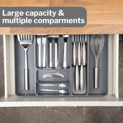 Image of Aroja Expandable Kitchen Drawer Organizer, 8-Slot BPA-Free Plastic Utensil Tray, Adjustable Flatware and Cutlery Holder for Spoons, Forks, and Knives, Kitchen Storage and Organization (Dark Grey)