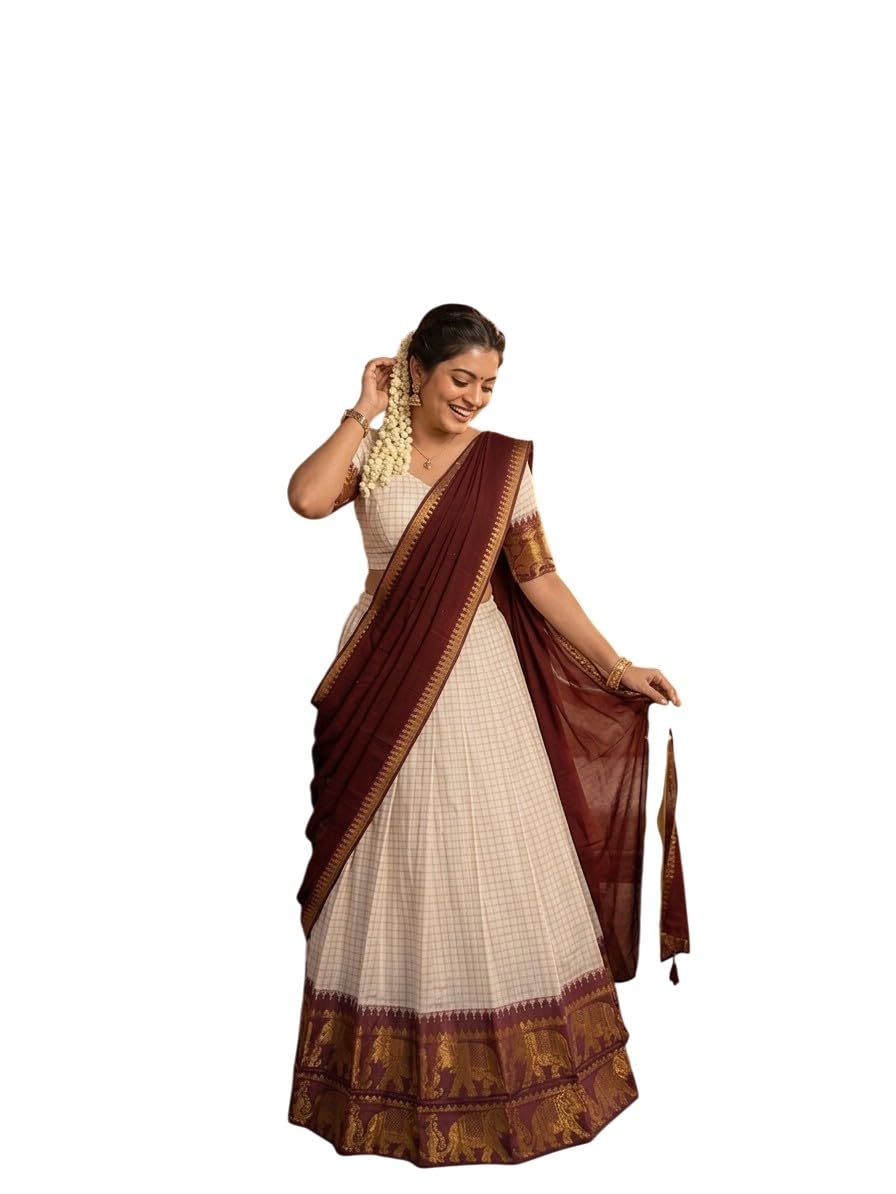 Lehenga Choli Set, Cream with Maroon and Gold, Silk, Traditional South Indian Style, Elephant Motif Border, Free Size-image-12