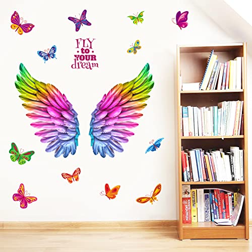 Woyinis Colorful Giant Angle Wings Wall Decals Fly To Your Dream Angle Wings Butterflies Wall Stickers Peel And Stick Kids Wall Decals Feather Wing Wall Decor For Girls Bedroom Baby Nursery Room Decoration #TOP5