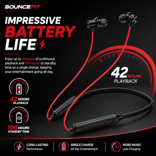 Image of Bouncefit Bluetooth Wireless Mangentic On /Off Neckband, 40 Hours Battery, Fast Charge, IPX7, Low Latency, in Ear Bluetooth Neckband with Mic Earphones (Black) CC