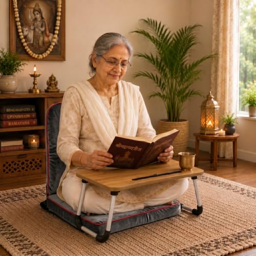 Image of Kawachi Floor Chair with Laptop Table, Foldable Back Support & Portable Study Table Combo, Reading, Work from Home, Meditation & Relaxation Chair (KC32-Dark Grey)