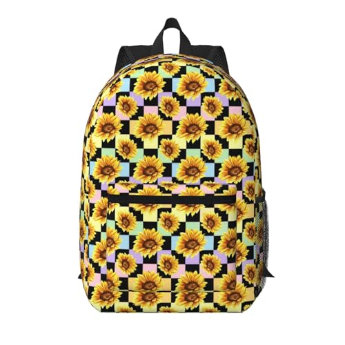 Sunflower Rainbow Pastel And Black Checker Fashionable Daypack 17 Inches Zippers Backpack Double Shoulder Bag for Women Men