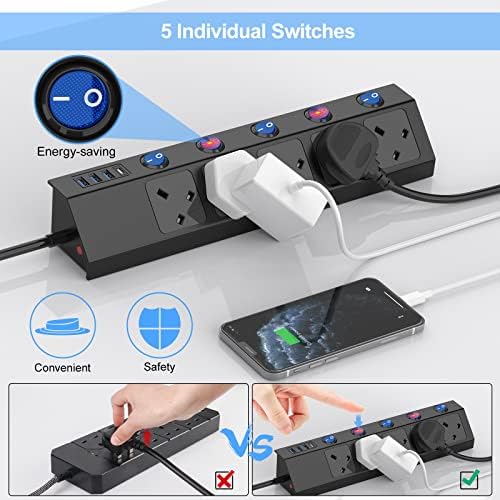Extension Lead with Individual Switches, 3250W/13A Wall Mounted Power Strip with USB C PortsPD 20W), 5 Way Surge Protected Extension Lead with 2M Extension Cable for Home Office