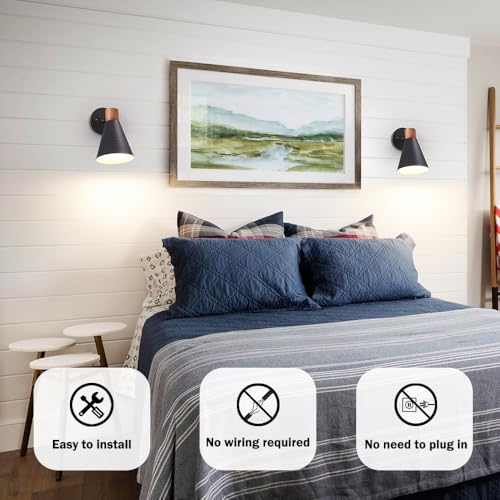 Image of Modern Battery Operated Wall Sconces Set of Two, Black Rechargeable Sconces with Metal Shade, Dimmable Wireless Wall Light Fixture with Remote Control for Bedroom Hallway Vanity(Include 2 RGB Bulbs）