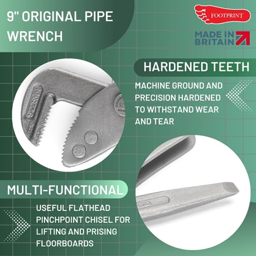 Footprint Original Adjustable Pipe Wrench - 9 Inch/225mm Heavy Duty Strong and Rigid Drop Forged High Carbon Steel Pipe Grips/Spanner. Essential Plumbing Tools. for Plumbers and Heating Engineers. - Image 2
