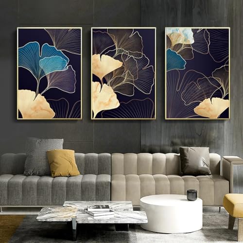 Peinture murale abstraite ginkgo bleu et or 3 cadres 50x75cm TONGYINLI