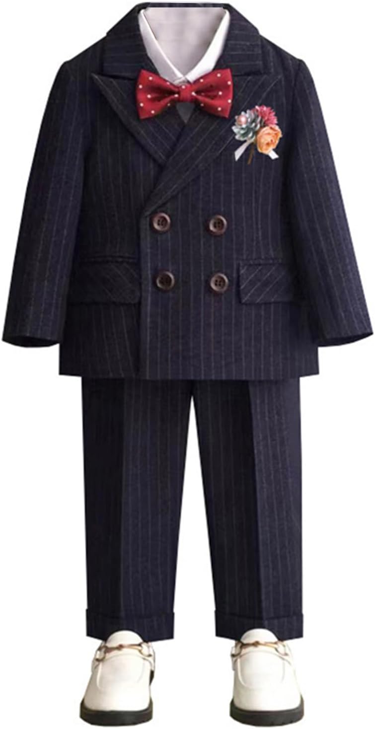 Ulnomio Boys' Stripe Suit Double Breasted Buttons Jacket with Peak Lapel Three Pieces Wedding Christmas Outfits Tuxedo