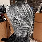 Jolelyne Silver Gray Ombre Layered Wigs with Curtain Bangs for Women Synthetic Short Light Grey Wig