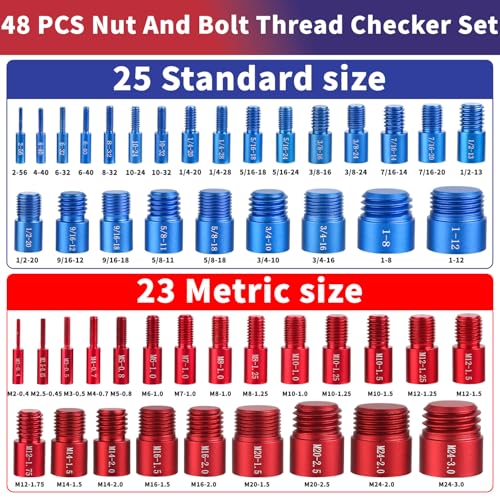 48Pcs Vérificateur de fils, vérificateur de fils d'écrous et de boulons, 25 1 cm & 23 Boîte métrique Jeu de filetage Gauge, Thread Checker Standard et métrique approprié pour le vérificateur de taille de boulons ou d'écrous dans les zones étroites, rouge & bleu
