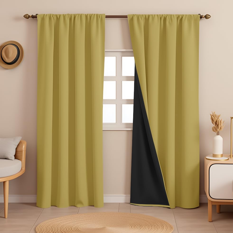 HOMEMONDE Window Curtains 5 Feet Set of 2 - Thermal Insulation, Room Privacy Blackout Curtain with Black Backing, Rod Pocket & Fade Resistant Drapes - (60 Inch, Golden)