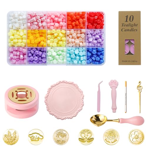 Image of HASTHIP Wax Seal Stamp Set - 15 Multicolor Beads, 6 Random Stamps, Pink Cat Claw Handle, Warmer, Spoon, 10 Tealights, Silicone Mat, Craft & DIY Gift Kit For Personalized Invitations & Packaging