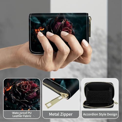 Image of Cute Credit Card Holder with Zipper, Burning Rose RFID-Blocking Card Case Small Wallet for Women Men, Multi-slot Card Organizer Case Travel Accordion Wallet