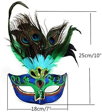 Halloween Womens Peacock Masquerade Mask, Blue Mardi Gras Mask Feather Half Face Costume Masks