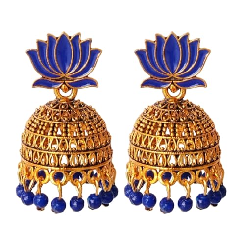 Image of OnlyKing Traditional Lotus Meenakari Jhumka Earrings for Women & Girls | Gold Color Oxidised Ethnic Floral Jhumki | Temple South Indian Style Ear rings Set | Stylish Trending Big Colorful Jhumkas (Available in 12 Colors)