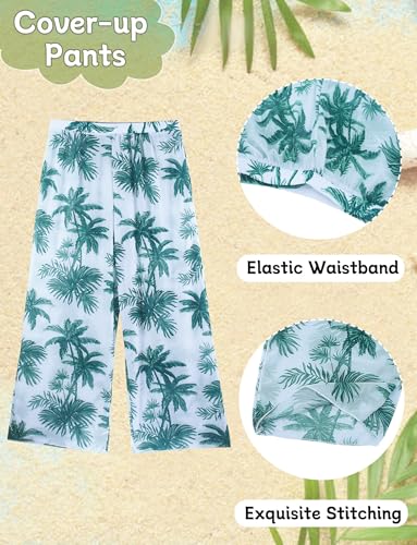 Image of Happy Cherry Girl's 4PCS Swimsuits Tropical Print Halter Bikini Set Bathing Suits with Kimono and Cover Up Pant Boho Swimwear