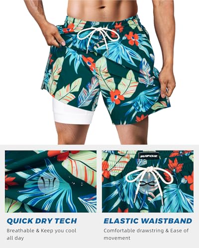 Image of SURF CUZ Mens Swim Trunks with Compression Liner Swim Shorts 7 inch Swimming Trunks Stretch 7 Inch Swim Suits Quick Dry