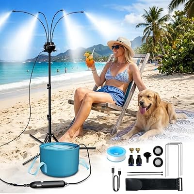 MQHUAYU 5.3FT Standing Misters for Outside Patio,Portable Misting Cooling System with 12L Bucket,Booster Pump,26.5FT Water Line & 6 Brass Nozzles,Adjustable Height Water Mister for Patio, BBQ, Pool