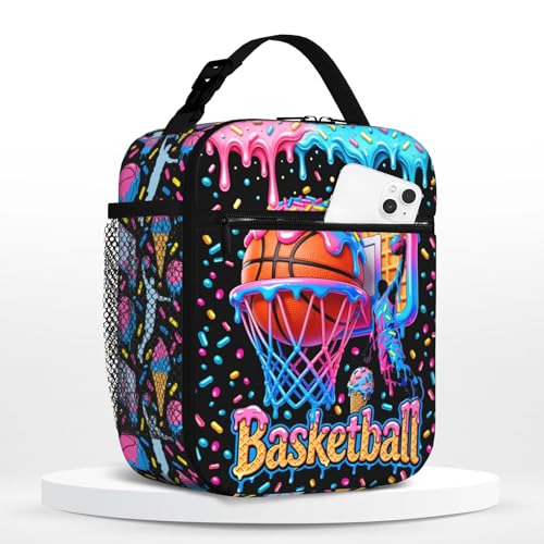 Moduyok Boys Insulated Lunch Box with Ice Cream Basketball,Kids Lunch Bag Basketball Bags For Boys Sports themed Bags for Adults Kids Teens,Reusable Portable Tote Meal Bags Gifts for Son Daughter