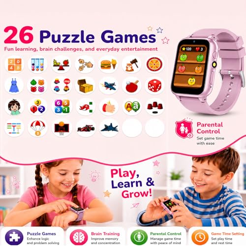 Image of Smart Watch for Kids, Girls Boys Smartwatch with 26 Games Camera Video Recorder and Player, Pedometer Calendar Flashlight, Audio Book etc., Gifts for 4-12 Years Children (Pink) | 26 Games, Camera, Music Player, Alarm Clock & Calculator & Pedometer