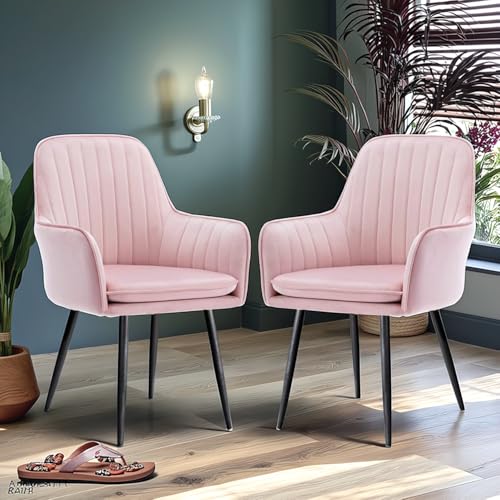 Image of Set of 2 Accent Chair for Living Room | Modern Armchair in Soft Velvet Fabric with Sturdy Legs | Premium Chair for Home Living Room Bedroom Restaurent | (Black Legs, Barbie Pink)