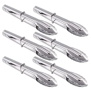 Mini Stainless Steel Food Tongs with Silding Rings 7-Inch – Set of 6 – Small Clam Shell Service Tongs for Serving Appetizers, Desserts, Salads, Barbecue and Cooking (Silver)