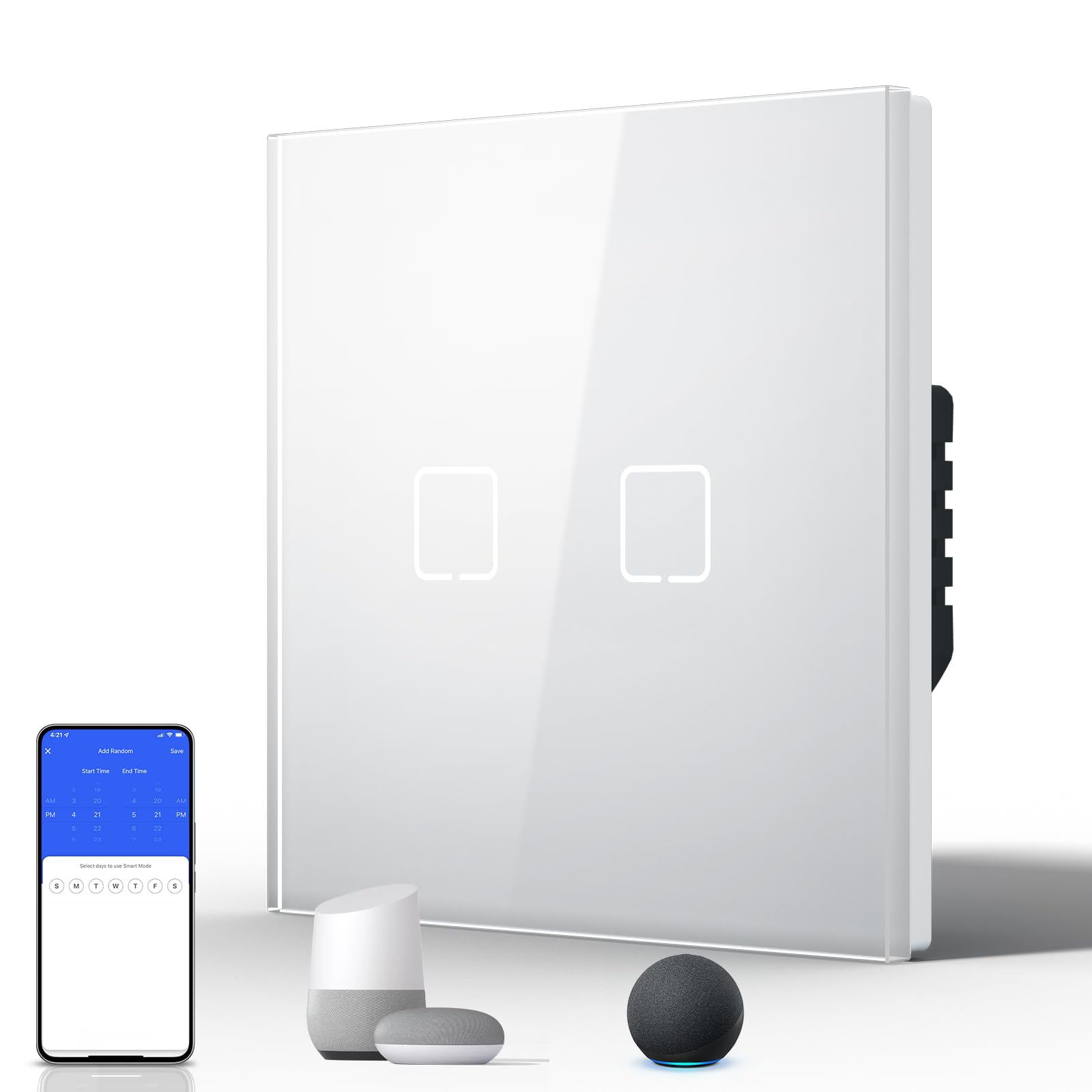 BSEED Smart Touch Light Switch,WIFI Rocker Wall Light Switches with Glass Panel,Push-button with LED Backlight,Horizontal & Vertical Mounting,Neutral Wire Required,2 Gang 1 Way,86mm White