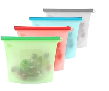 FLAZER Pack of 4, 1000ml Each Reusable Silicone Food Bags, Airtight Seal, Leak-proof , BPA free, Safe for Microwave, Freezer, Boiling Water, Dishwasher safe Silicone Bag