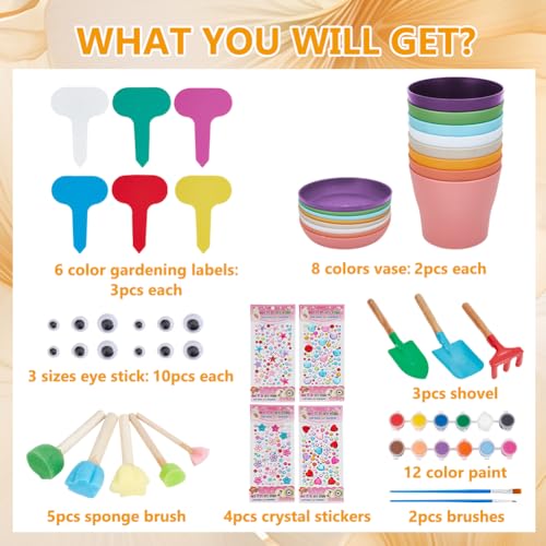 WEBEEDY Juego de 16 juegos de macetas de plástico para jardín, kit de manualidades para adultos, principiantes, pintura y flores, kit de jardinería con macetas, herramientas de jardín, etiquetas - imagen 2
