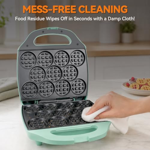Image of Baker's Friend, Bite-size Mini Waffle Maker for Kids & Adults, Small Waffle Maker Mini Belgian Waffle Machine, 11 X 2.2 inch Tiny Nonstick Waffles Iron, Recipe Included, Aqua
