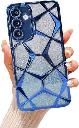 Image of VONZEE Gradient Glitter Designer Case for Samsung S25 Plus, Luxury Electroplated 3D Cube, Diamond Bling Shiny Soft TPU Clear Shockproof Women Girls Protective Phone Cover (Blue)