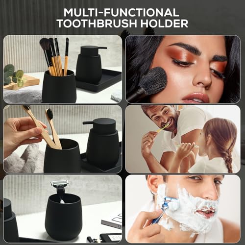 AJEUNGAIN 5-teiliges Badezimmer Set Schwarz mit 6 L Metall Mülleimer Treteimer mit Inneneimer, Seifenspender, Zahnputzbecher, WC-Bürste & Ablageschale, Modern Badezimmer Organizer (Schwarz)