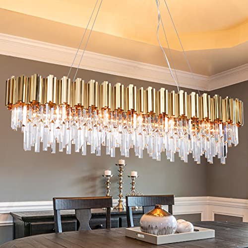 Osairuos L51.2 Gold Rectangle Crystal Chandelier For Dining Room Modern Luxury Light Fixture Linear Kitchen Island Contemporary Pendant Ceiling Light Oval Raindrop Chandelier Lighting 19-Light #TOP8