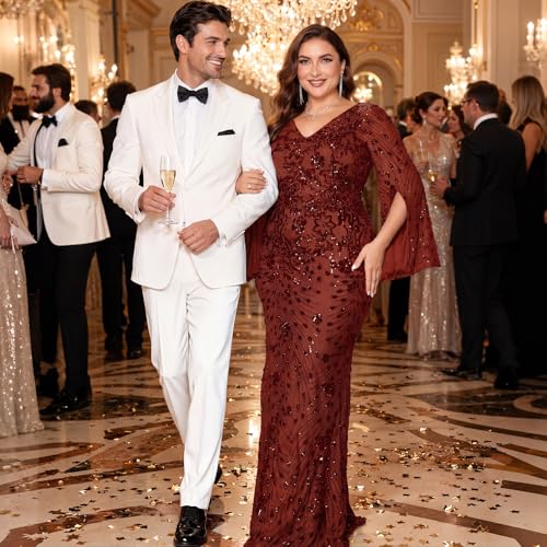 Image of Plus Size Formal Dresses for Women with Embroidery Sequin and Cape Sleeve, V-Neck Maxi Dress for Wedding and Party