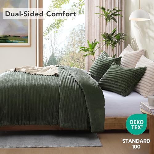 Image of Geniospin Luxury Fluffy Twin Comforter Set-2 Pieces, Olive Green Comforter Twin Size All Seasons, Faux Fur Bedding Set, Plush Fuzzy Comforter(Olive Green, 66''x86'')