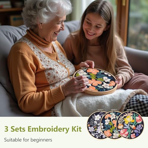 Image of Santune 3 Pack Embroidery Kit for Beginners, Needlepoint Cross Stitch Kits for Adults,Needle Point Sets with Stamped Petal Pattern Stitch Video Tutorial