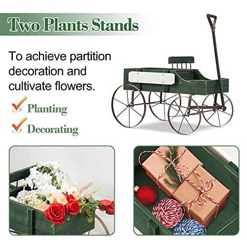 Dragosum Wooden Wagon Wheel Decor, Small Decorated Cart Garden Planter With Divider And Handle, Porch Decorations Indoor/Outdoor Planting Pots, Flower Box Wishing Wells Backyard Balcony Patio Green #TOP1