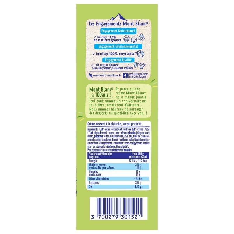 MONT BLANC - Crème Dessert À La Pistache 570G - Lot De 4
