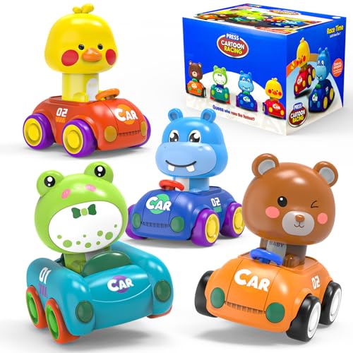 MNJCK Press to Go Car Toddlers Toys for 1-3, Push Go Animal Racing Car Set 4 Pack, Baby Infant Playing Vehicle Toys 6-12-18 Months, 1st Birthday Gifts for 1-2 2-3 Years Old Boys Girls