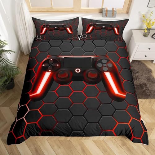 Kids Gaming Bedding Sets Geometric Gamepad Gamer Comforter Cover Honeycomb Hexagon Geometric Duvet Cover Set For Boys Gamer Room Decor Beehive Neon Lights Bedspreads Cover 3 Pieces Double