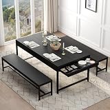 63' Kitchen and Dining Table Set for 6, 3-Piece Dining Room Table with 2 Long Benches, Kitchen Dinner Tables Set with Storage Drawer, Breakfast Nook Tables with Wine Rack, Space Saving Design (Black)