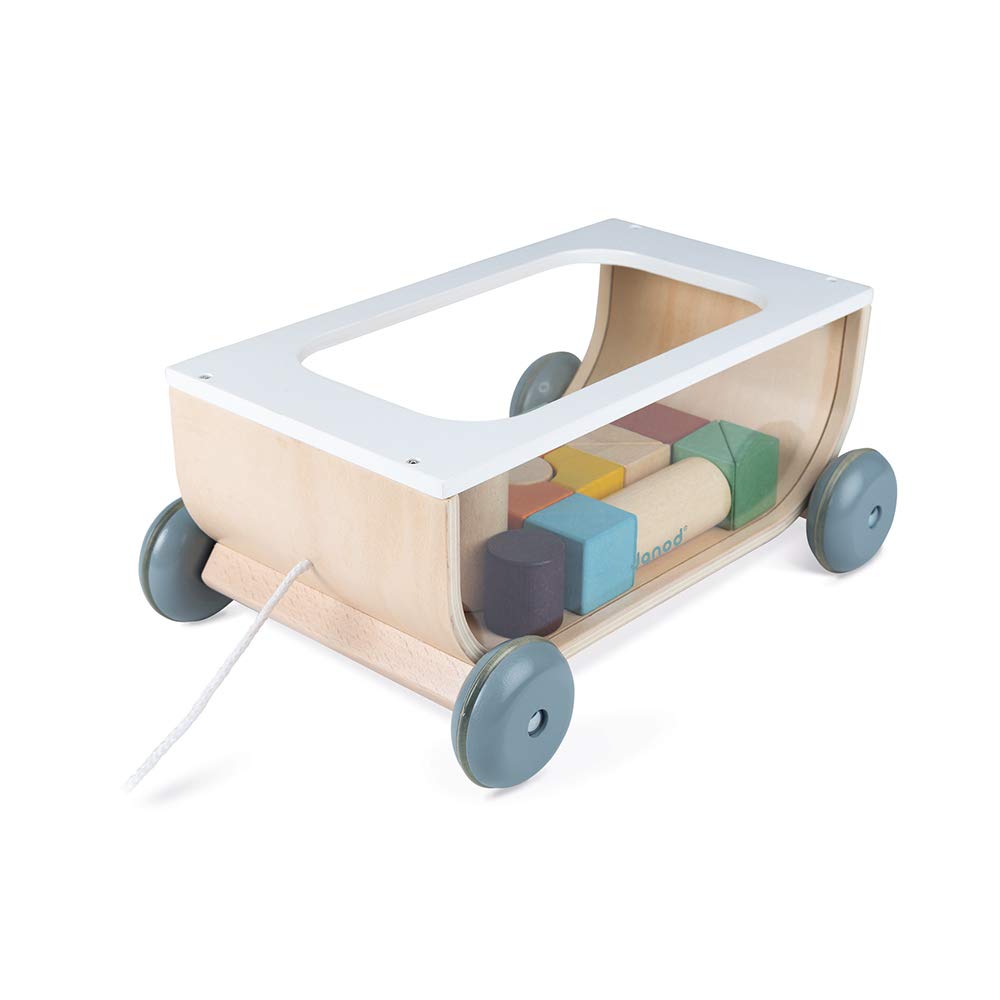 Janod - Carrito de Cubos de Madera - Colección Sweet Cocoon - Juguete de Estímulo para Bebés Pintado al Agua - Juguete de Arrastre - Aprender a Andar - A Partir de 18 Meses, J04407