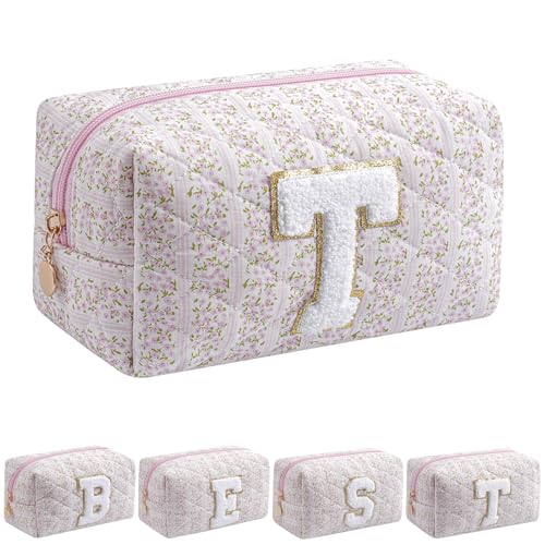JOVAKIT Alphabet Makeup Bag Cosmetic Bag for Women, Christmas Gifts for Girls Age 6-18, Floral Flowers Coquette Travel Toiletry Zipper Make Up Pouch Organizer Trendy Stuff (Pink Floral T)