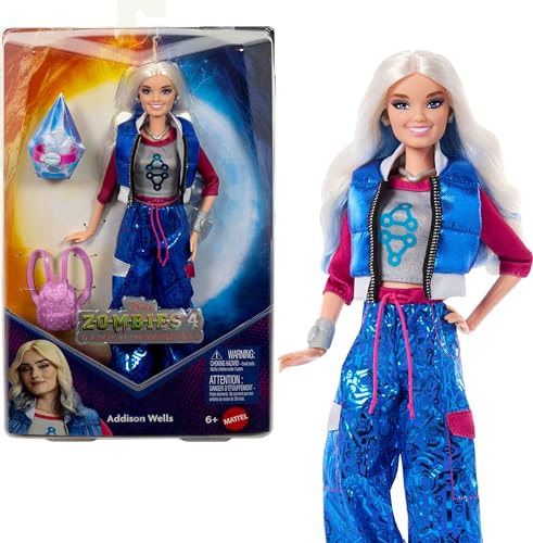 Mattel Disney Zombies 4 : L’Aube des Vampires – Poupée Addison Wells avec Tenue Amovible et 6 Accessoires, inspirée du Film, JFG32